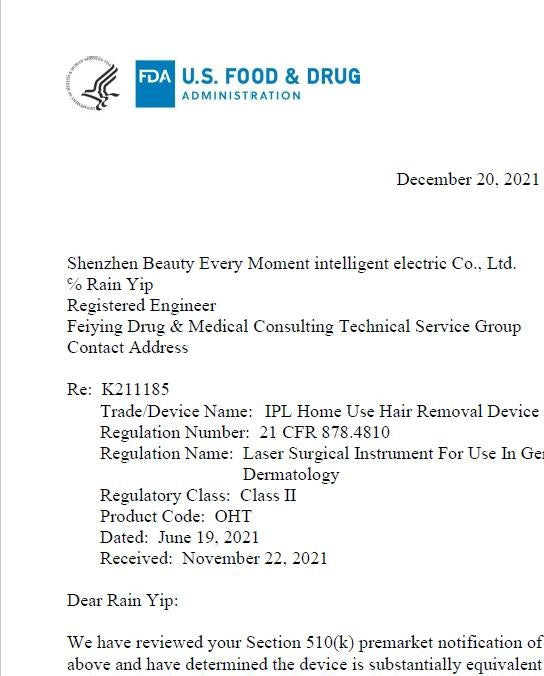 FDA Approval Documentation for Elegtime IPL Hair Removal Handset.